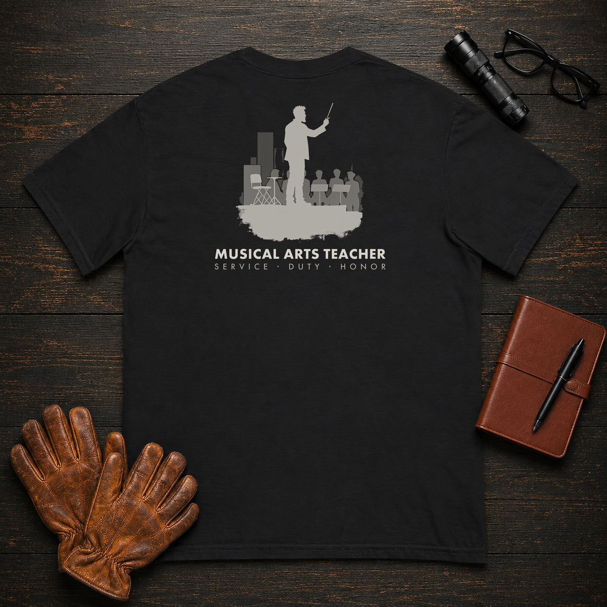Musical Arts Teacher T-Shirt | Standard Back Print | Conducting band (Male) — Black