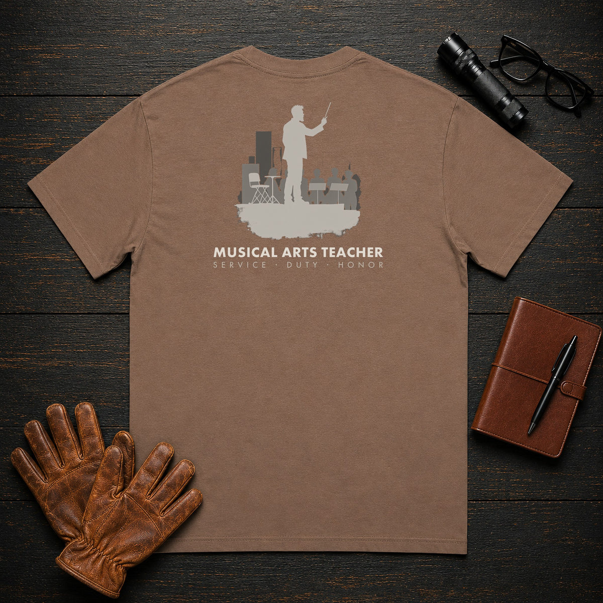 Musical Arts Teacher T-Shirt | Standard Back Print | Conducting band (Male) — Espresso