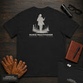 Nurse Practitioner T-Shirt | Statement Embroidered Front + Back Print | Between Rooms (Female) — Black