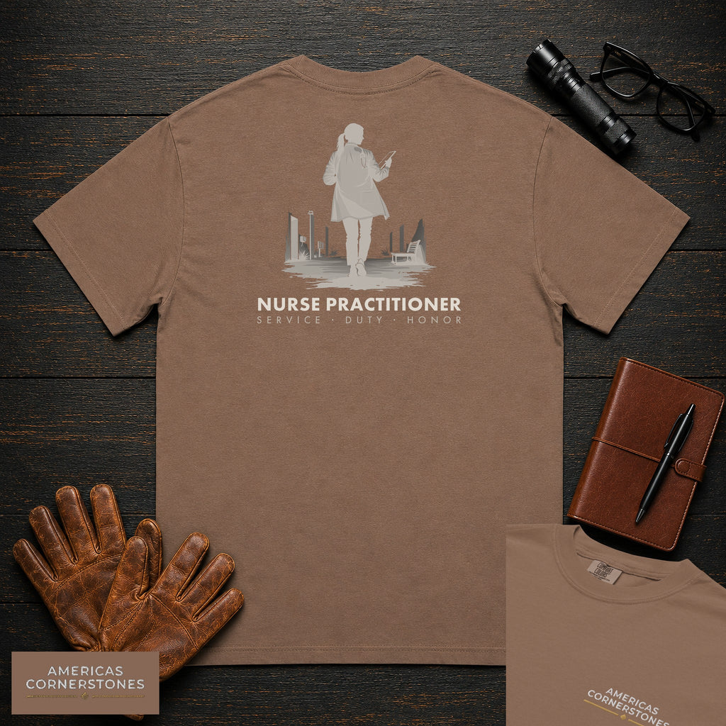Nurse Practitioner T-Shirt | Statement Embroidered Front + Back Print | Between Rooms (Female) — Espresso