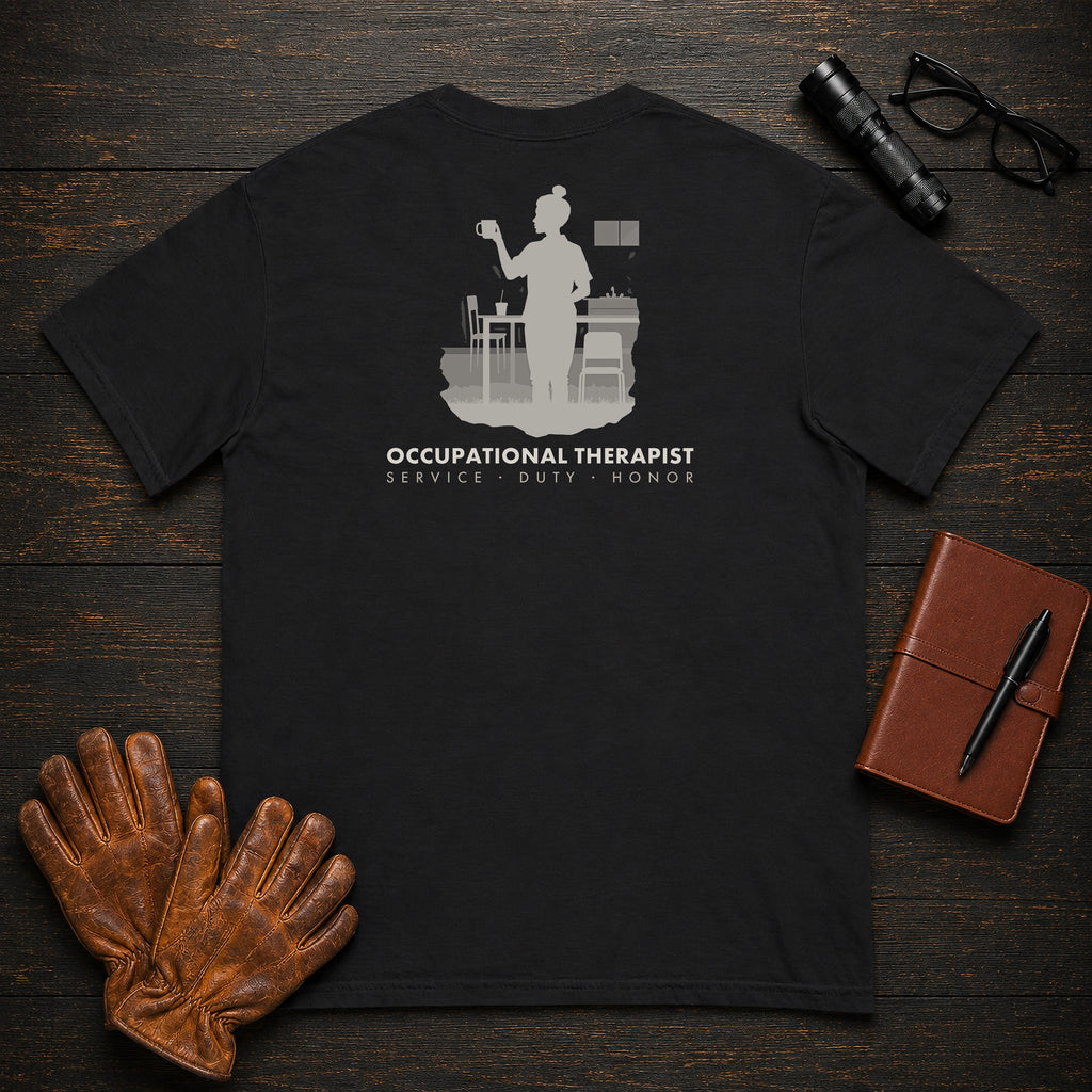 Occupational Therapist T-Shirt | Standard Back Print | Therapy Kitchen (Female) — Black