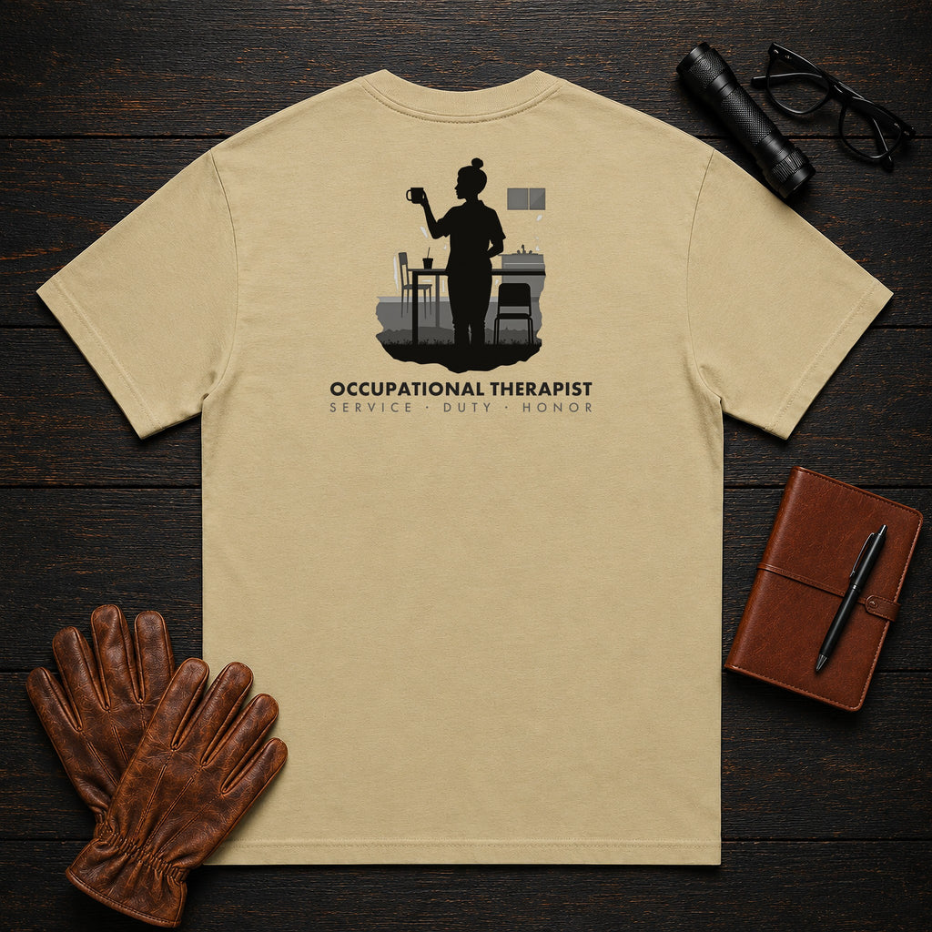 Occupational Therapist T-Shirt | Standard Back Print | Therapy Kitchen (Female) — Khaki