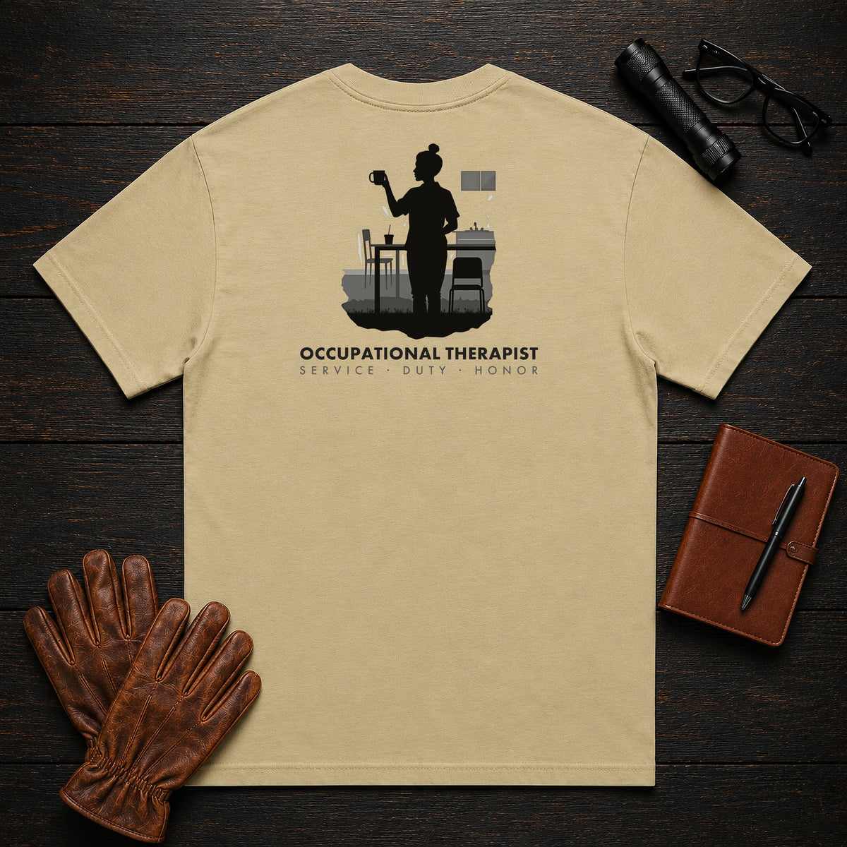 Occupational Therapist T-Shirt | Standard Back Print | Therapy Kitchen (Female) — Khaki