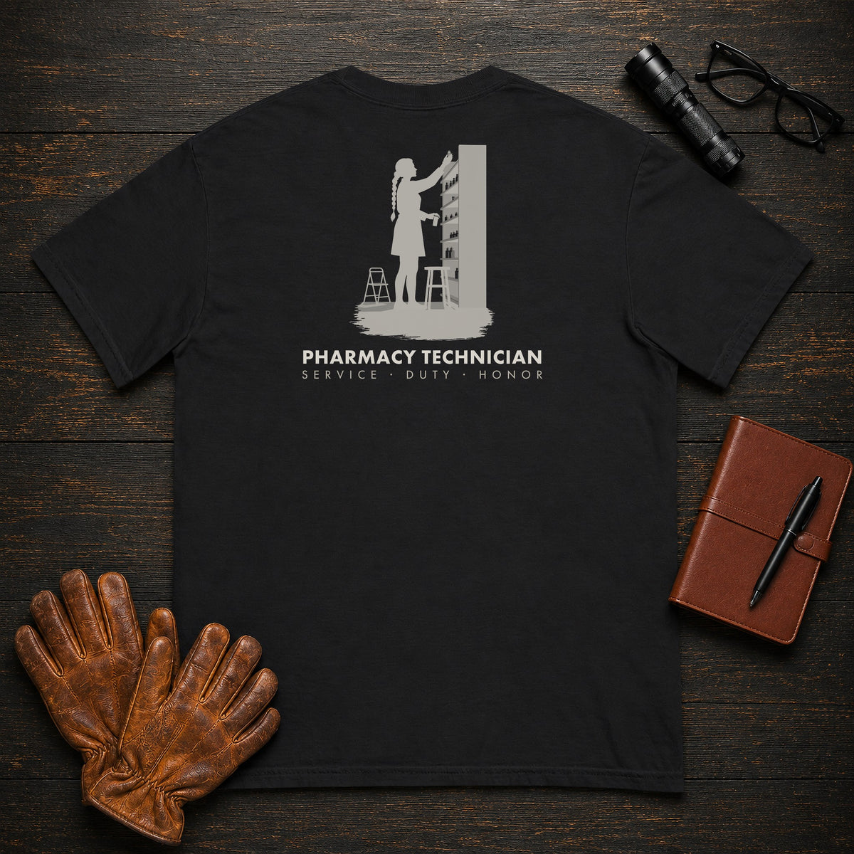 Pharmacy Technician T-Shirt | Standard Back Print | Stock Shelves (Female) — Black