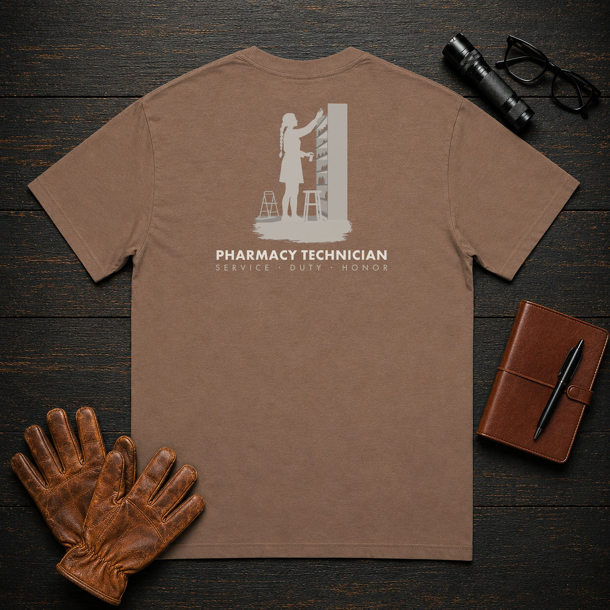 Pharmacy Technician T-Shirt | Standard Back Print | Stock Shelves (Female) — Espresso