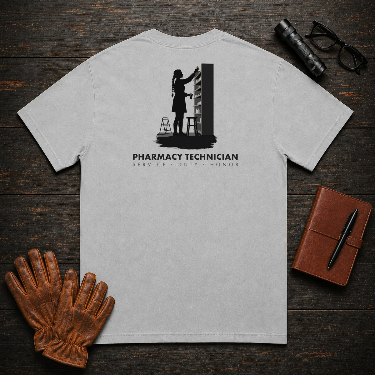 Pharmacy Technician T-Shirt | Standard Back Print | Stock Shelves (Female) — Granite
