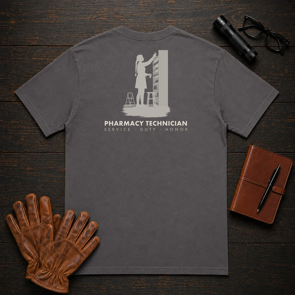 Pharmacy Technician T-Shirt | Standard Back Print | Stock Shelves (Female) — Graphite