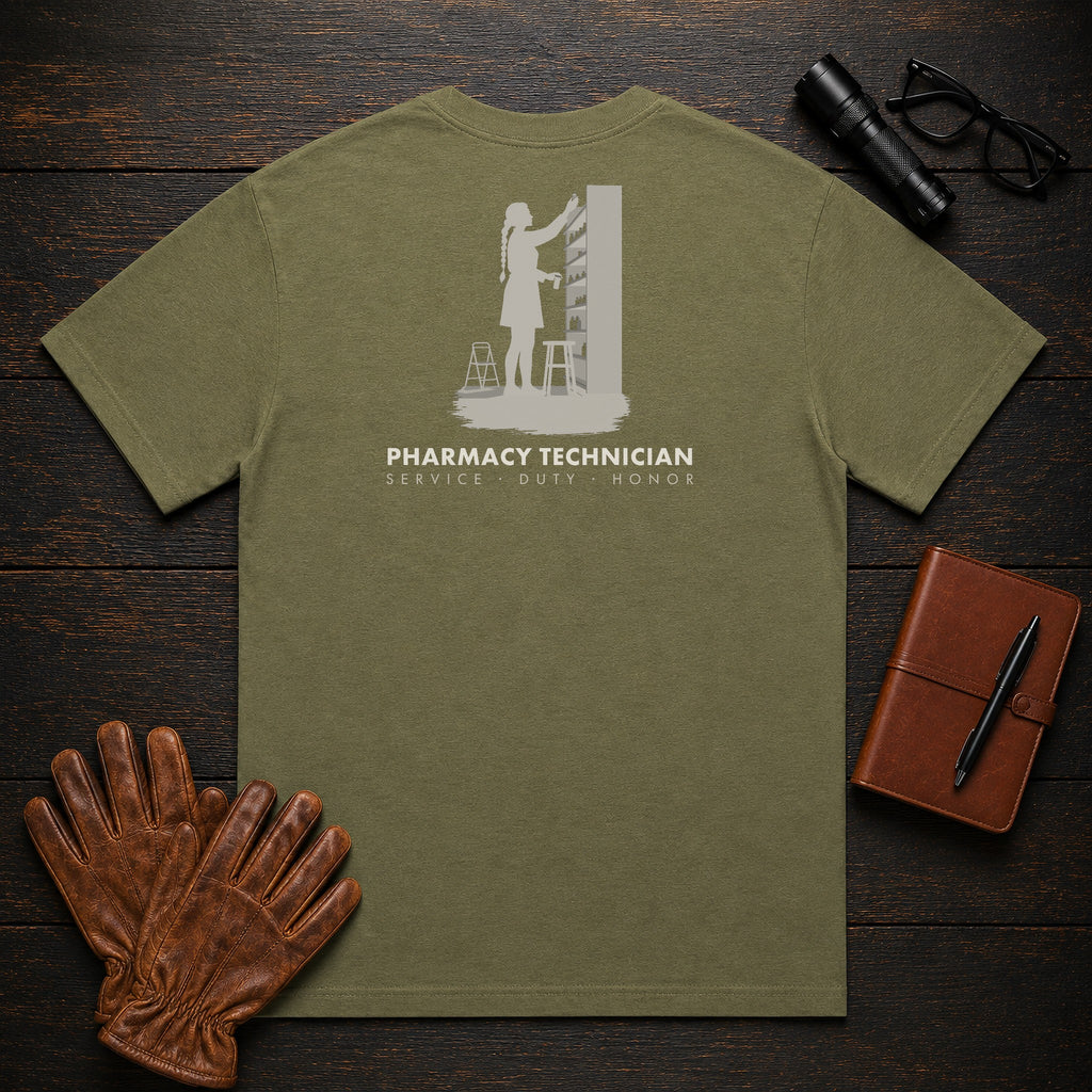 Pharmacy Technician T-Shirt | Standard Back Print | Stock Shelves (Female) — Hemp