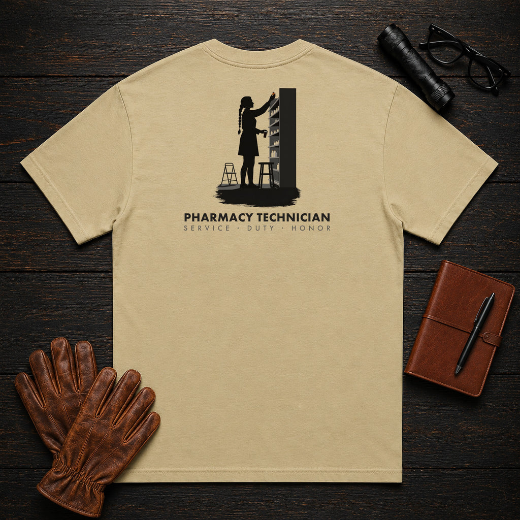 Pharmacy Technician T-Shirt | Standard Back Print | Stock Shelves (Female) — Khaki