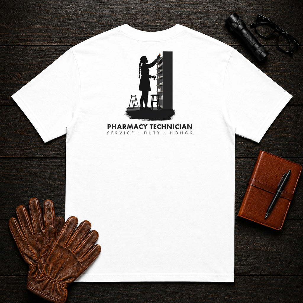 Pharmacy Technician T-Shirt | Standard Back Print | Stock Shelves (Female) — White