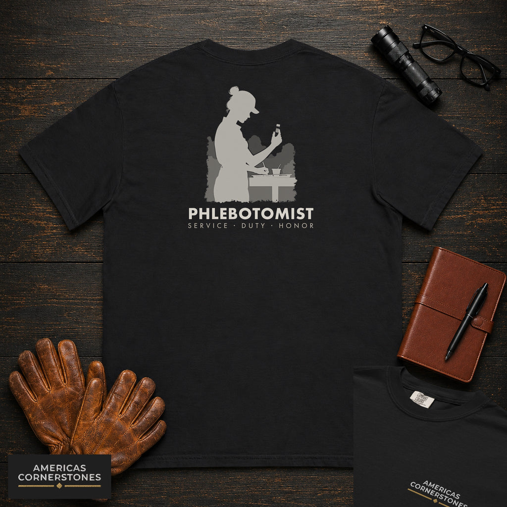 Phlebotomist T-Shirt | Statement Embroidered Front + Back Print | Labeling Tubes (Female) — Black