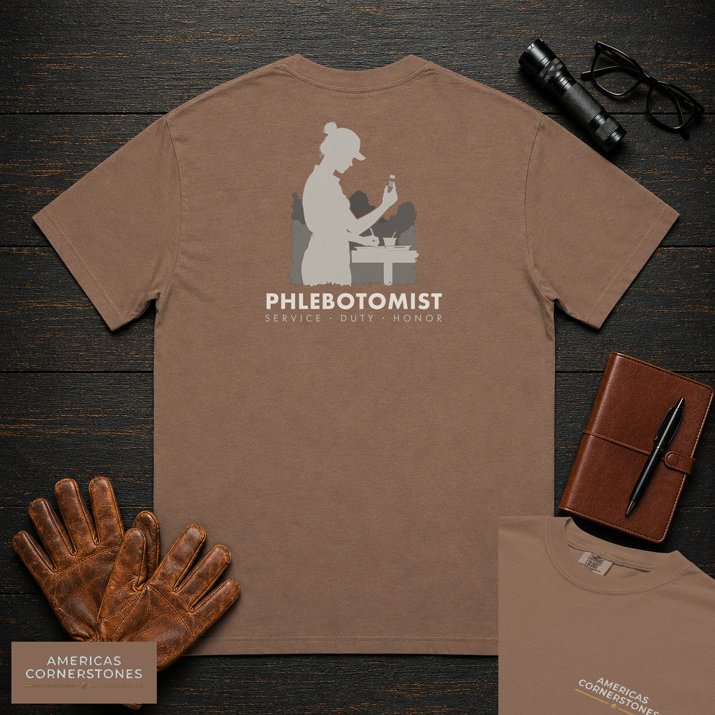 Phlebotomist T-Shirt | Statement Embroidered Front + Back Print | Labeling Tubes (Female) — Espresso