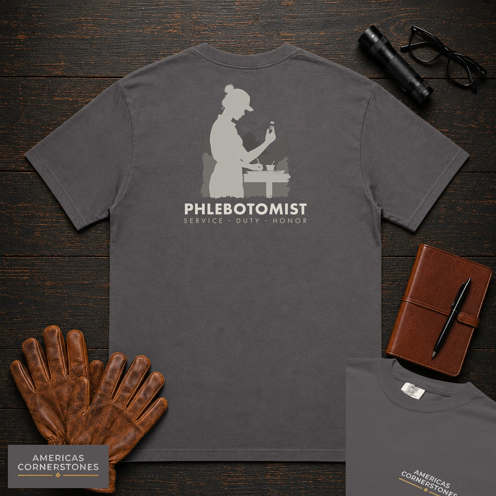 Phlebotomist T-Shirt | Statement Embroidered Front + Back Print | Labeling Tubes (Female) — Graphite
