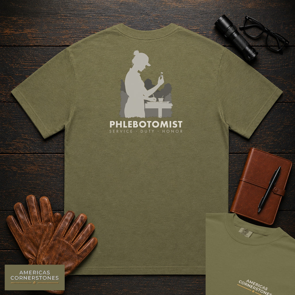 Phlebotomist T-Shirt | Statement Embroidered Front + Back Print | Labeling Tubes (Female) — Hemp
