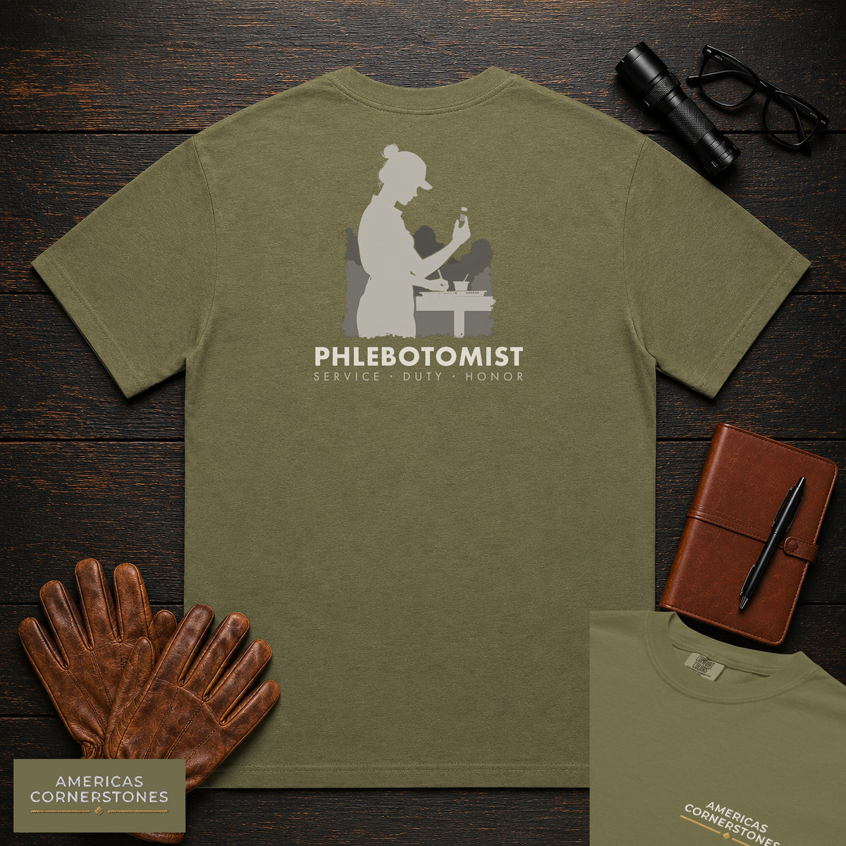 Phlebotomist T-Shirt | Statement Embroidered Front + Back Print | Labeling Tubes (Female) — Hemp