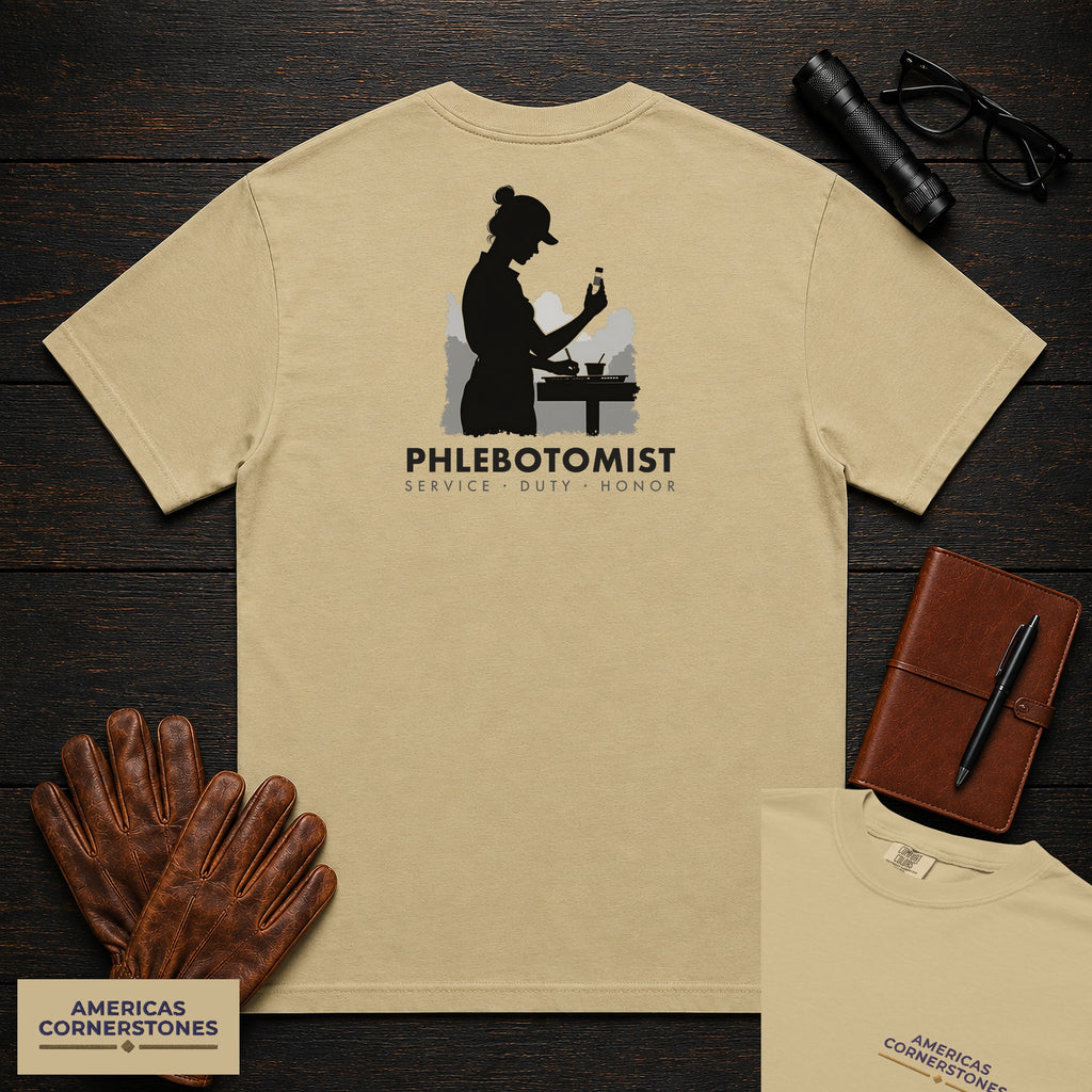 Phlebotomist T-Shirt | Statement Embroidered Front + Back Print | Labeling Tubes (Female) — Khaki