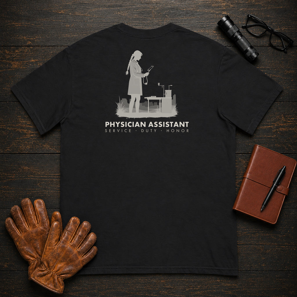Physician Assistant T-Shirt | Standard Back Print | Clinic Exam (Female) — Black