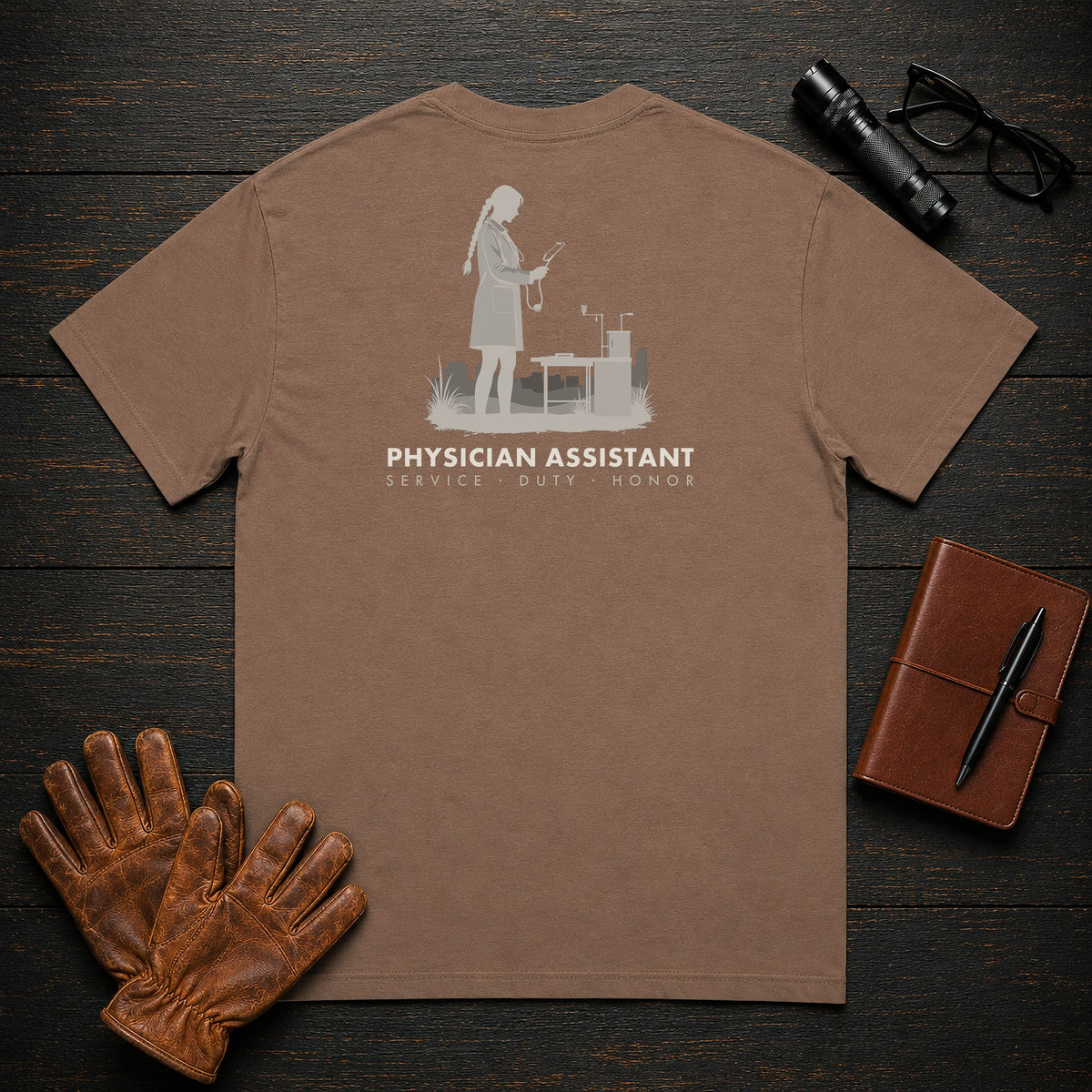 Physician Assistant T-Shirt | Standard Back Print | Clinic Exam (Female) — Espresso