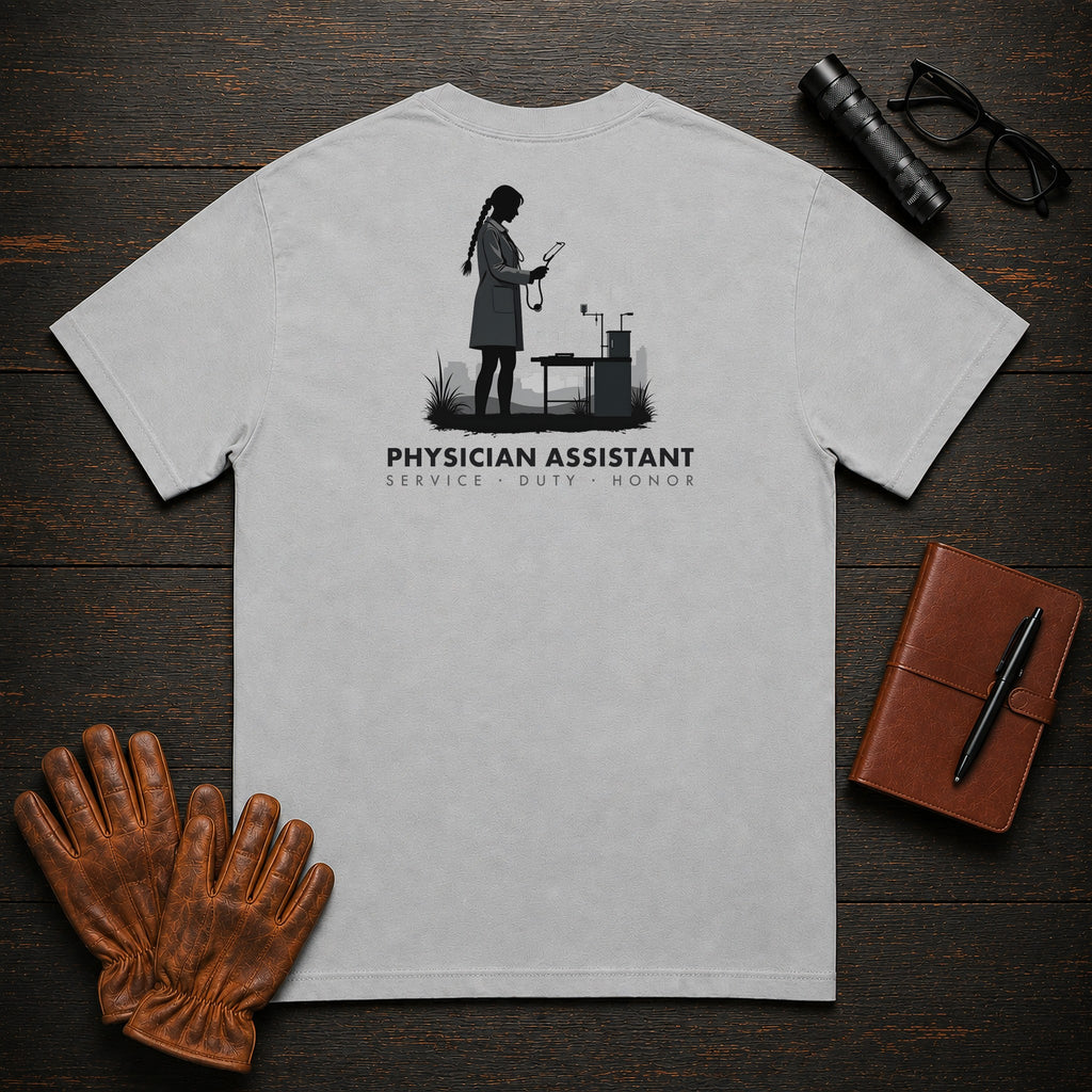 Physician Assistant T-Shirt | Standard Back Print | Clinic Exam (Female) — Granite