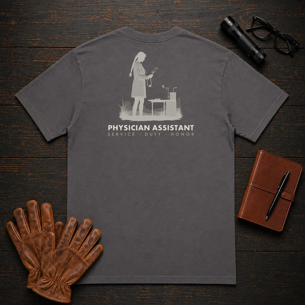 Physician Assistant T-Shirt | Standard Back Print | Clinic Exam (Female) — Graphite