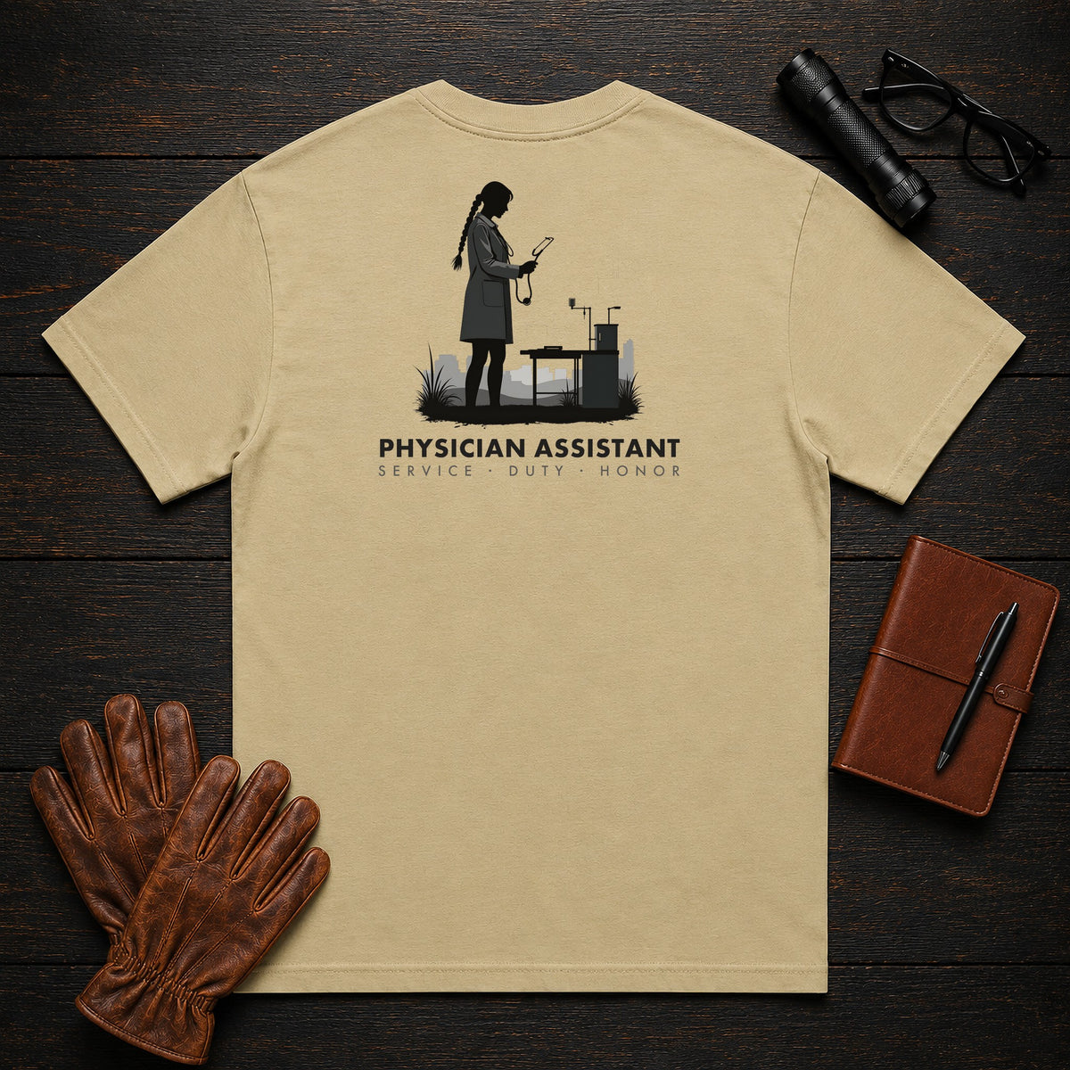 Physician Assistant T-Shirt | Standard Back Print | Clinic Exam (Female) — Khaki
