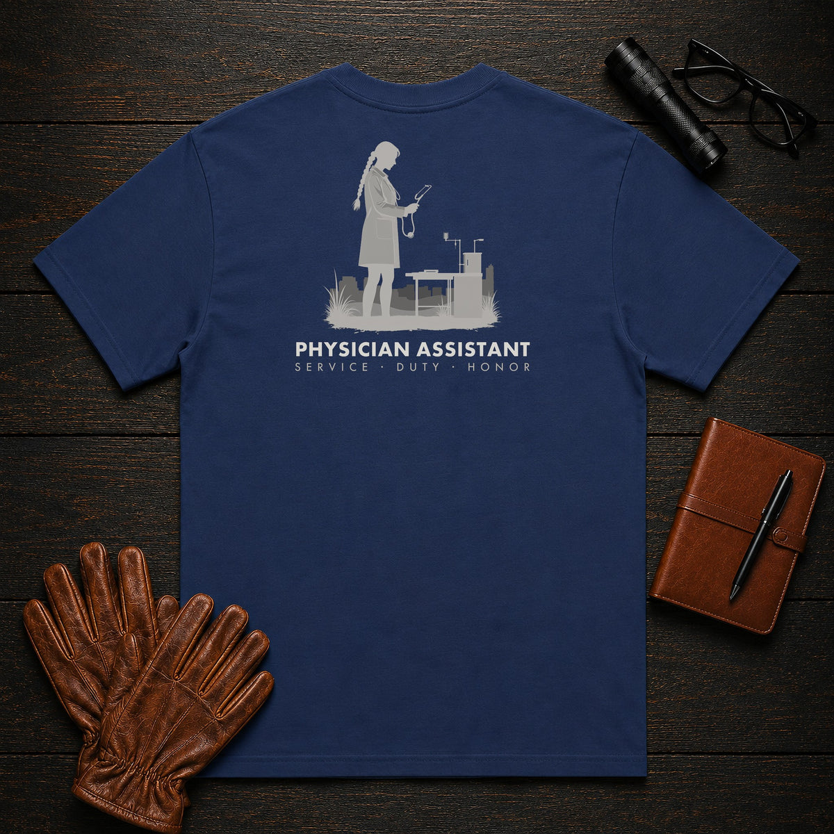 Physician Assistant T-Shirt | Standard Back Print | Clinic Exam (Female) — True Navy