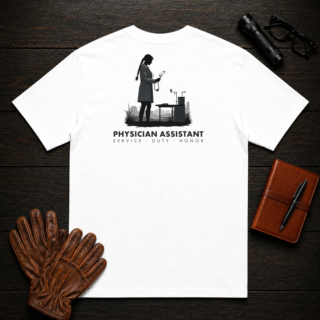 Physician Assistant T-Shirt | Standard Back Print | Clinic Exam (Female) — White