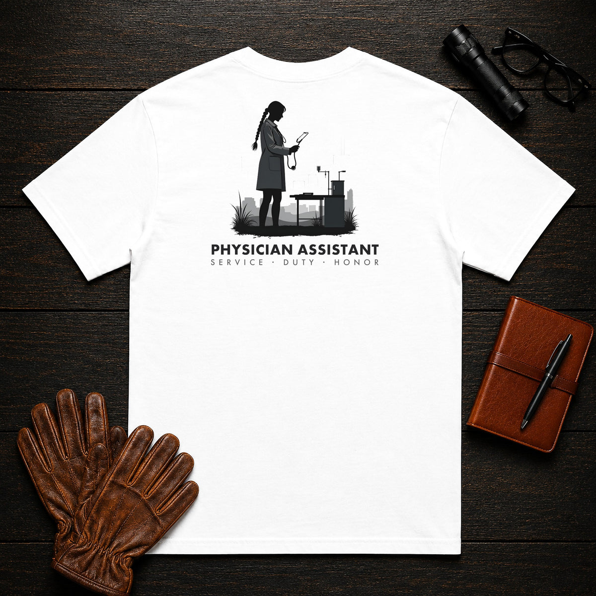 Physician Assistant T-Shirt | Standard Back Print | Clinic Exam (Female) — White