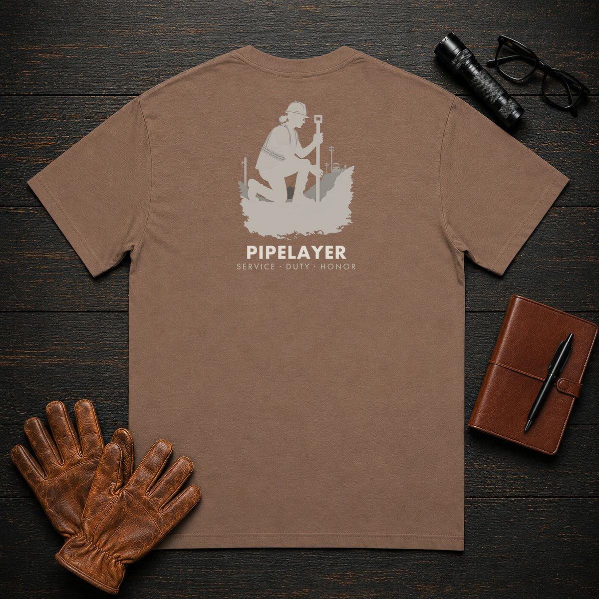 Pipelayer T-Shirt | Standard Back Print | Checking the Grade (Female) — Espresso