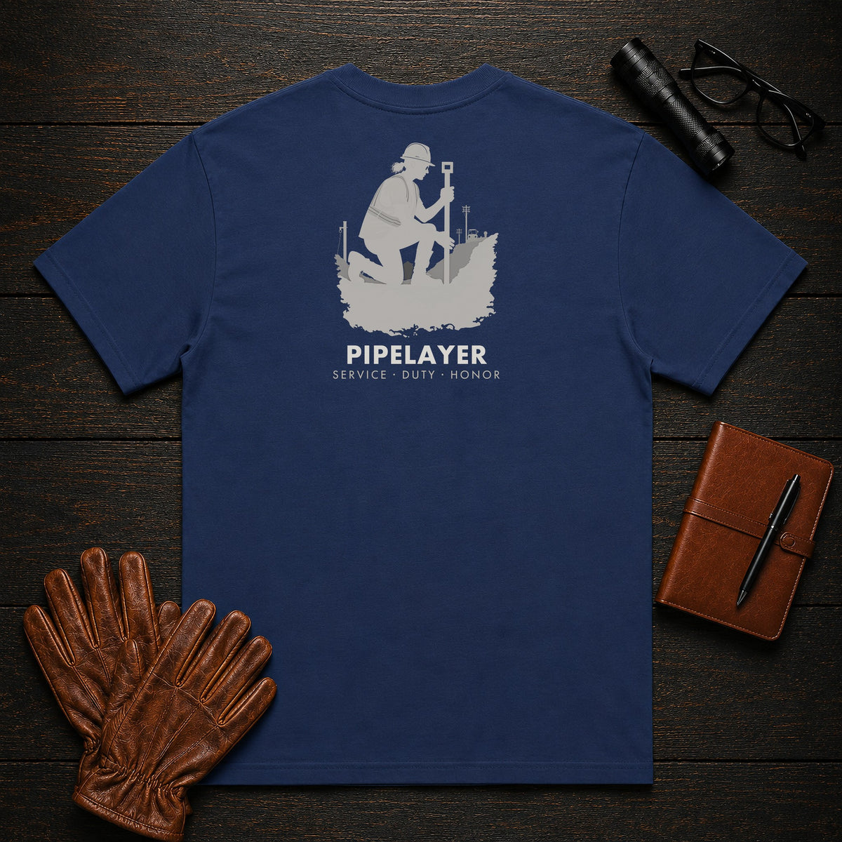 Pipelayer T-Shirt | Standard Back Print | Checking the Grade (Female) — True Navy