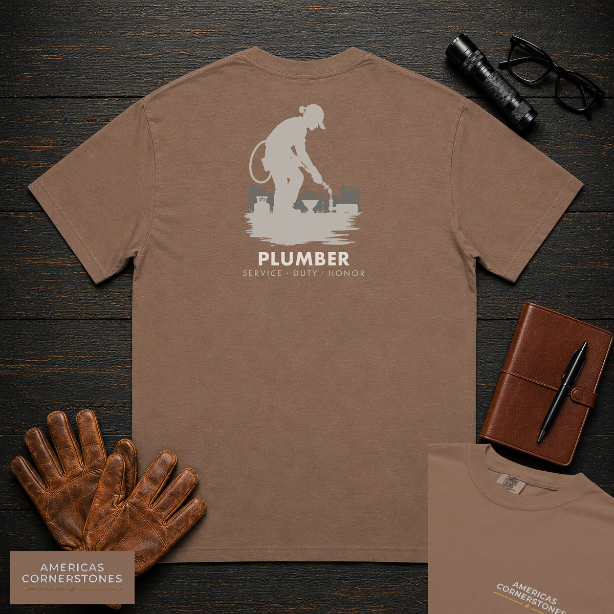 Plumber embroidered t-shirt in Espresso, Soldering a Joint (Female)