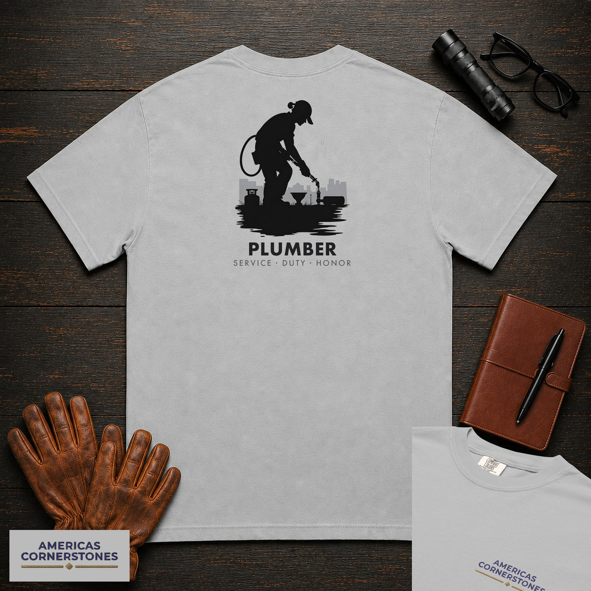 Plumber embroidered t-shirt in Granite, Soldering a Joint (Female)