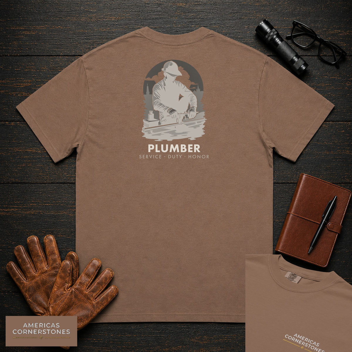 Plumber embroidered t-shirt in Espresso, Soldering a Joint (Male)