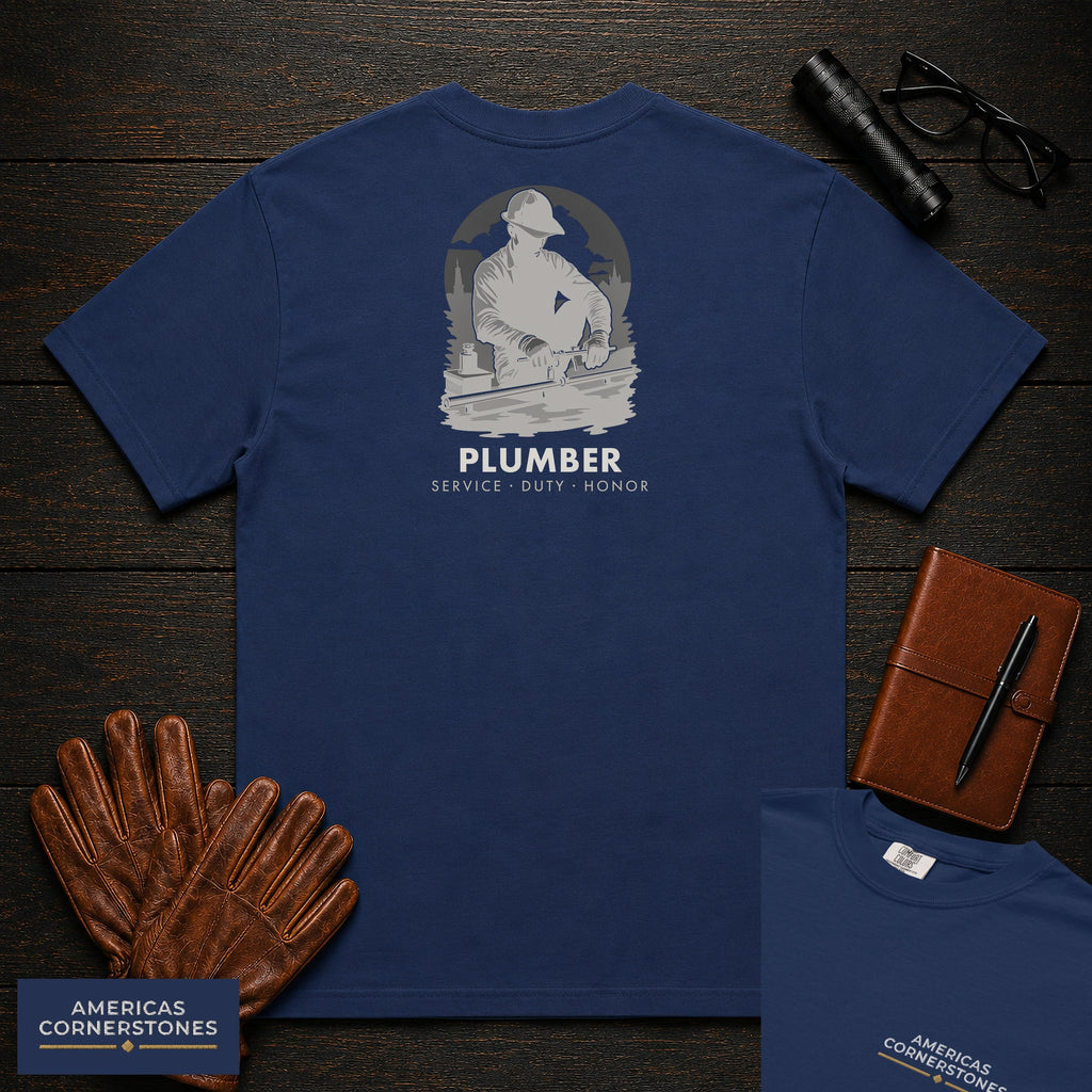 Plumber embroidered t-shirt in True Navy, Soldering a Joint (Male)