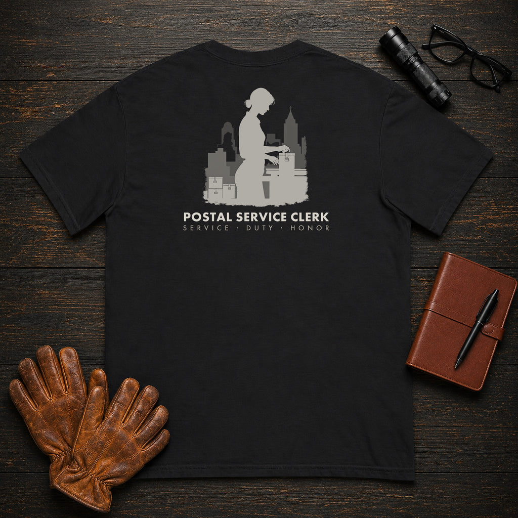 Postal Service Clerk t-shirt in Black, Weighing a Parcel (Female)