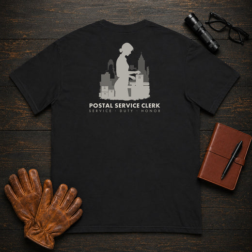 Postal Service Clerk T-Shirt | Standard Back Print | Weighing a Parcel (Female)