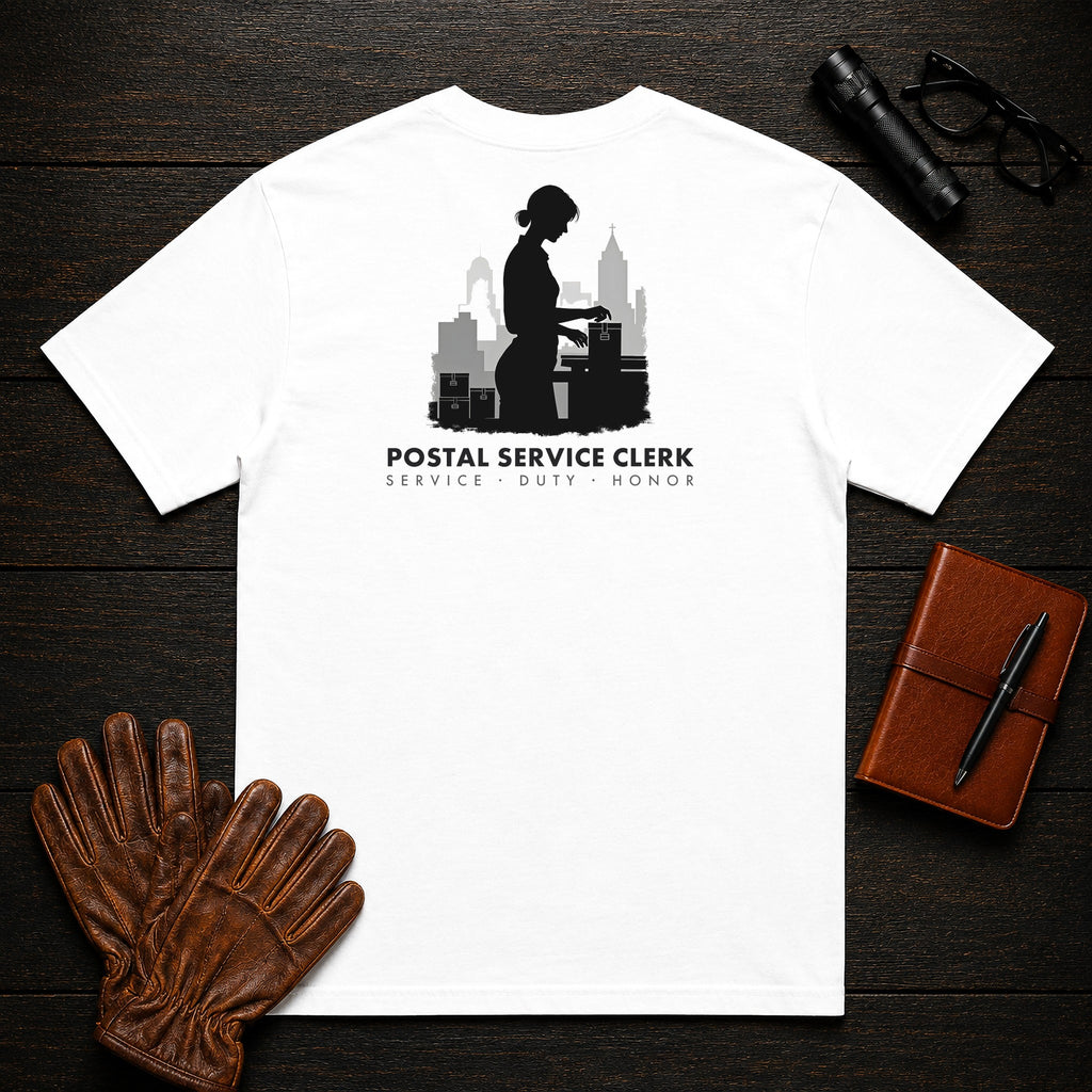 Postal Service Clerk t-shirt in White, Weighing a Parcel (Female)