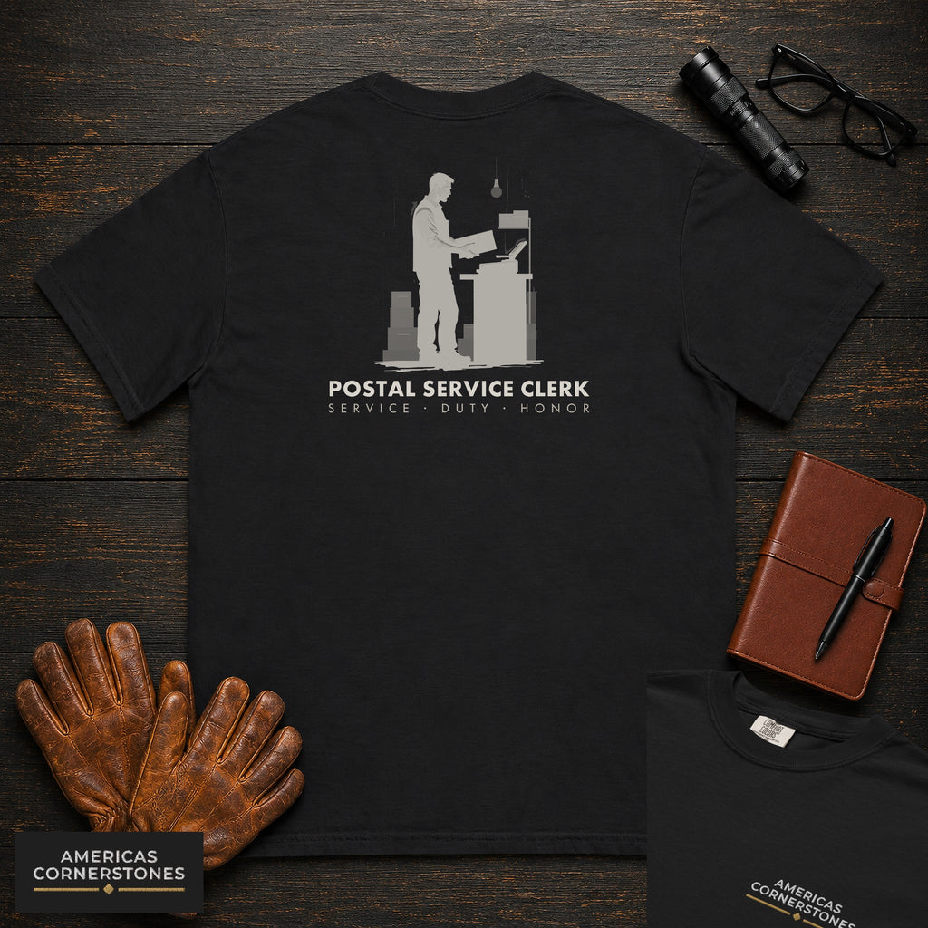 Postal Service Clerk embroidered t-shirt in Black, Weighing a Parcel (Male)