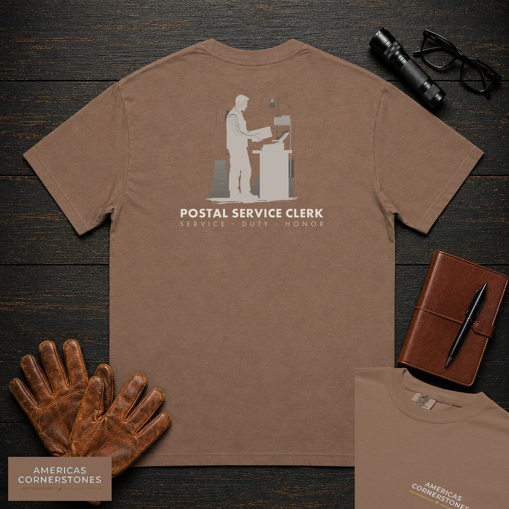 Postal Service Clerk embroidered t-shirt in Espresso, Weighing a Parcel (Male)