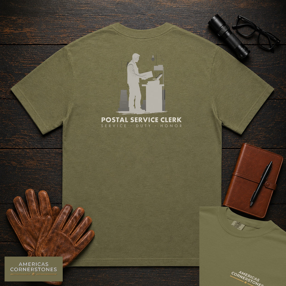 Postal Service Clerk embroidered t-shirt in Hemp, Weighing a Parcel (Male)
