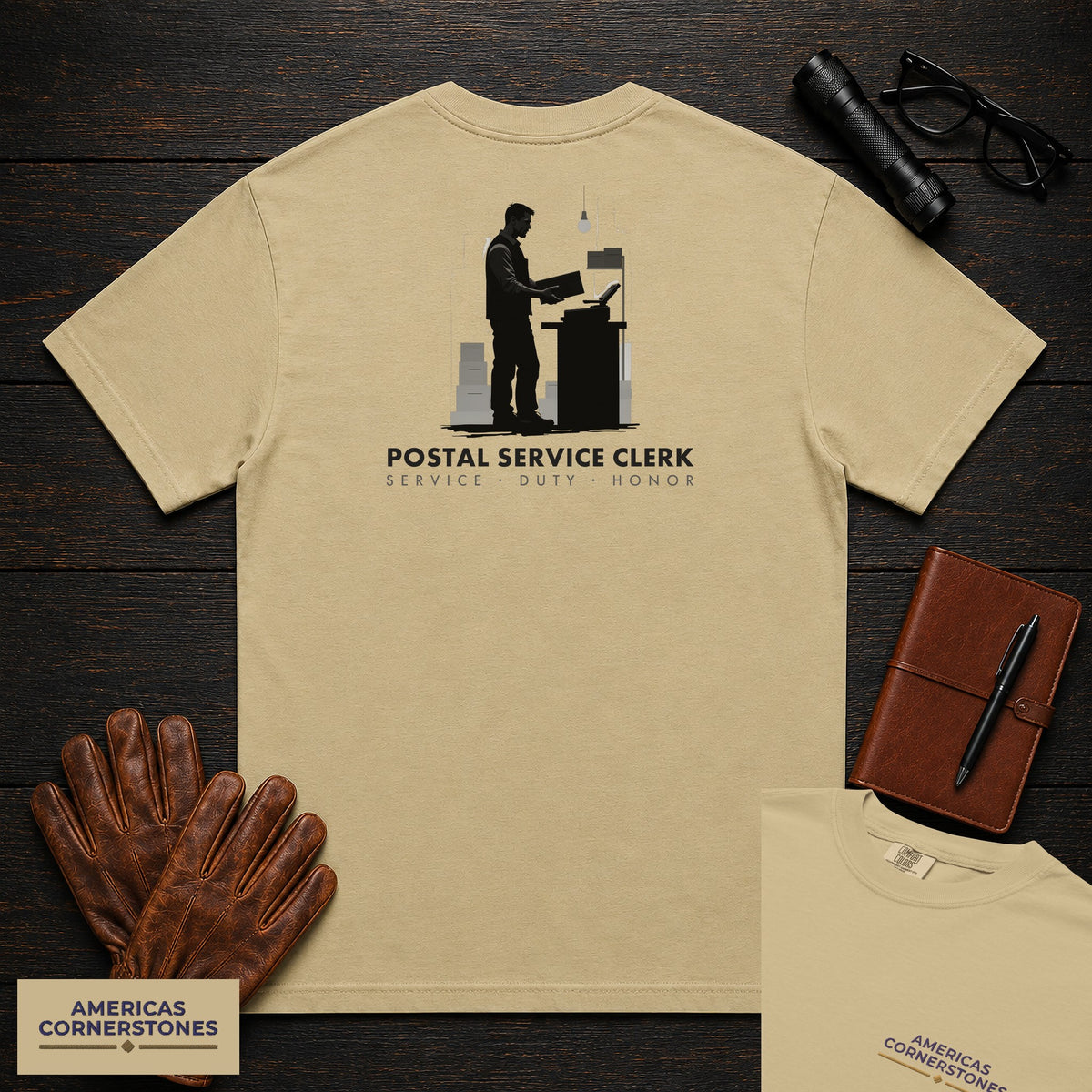 Postal Service Clerk embroidered t-shirt in Khaki, Weighing a Parcel (Male)