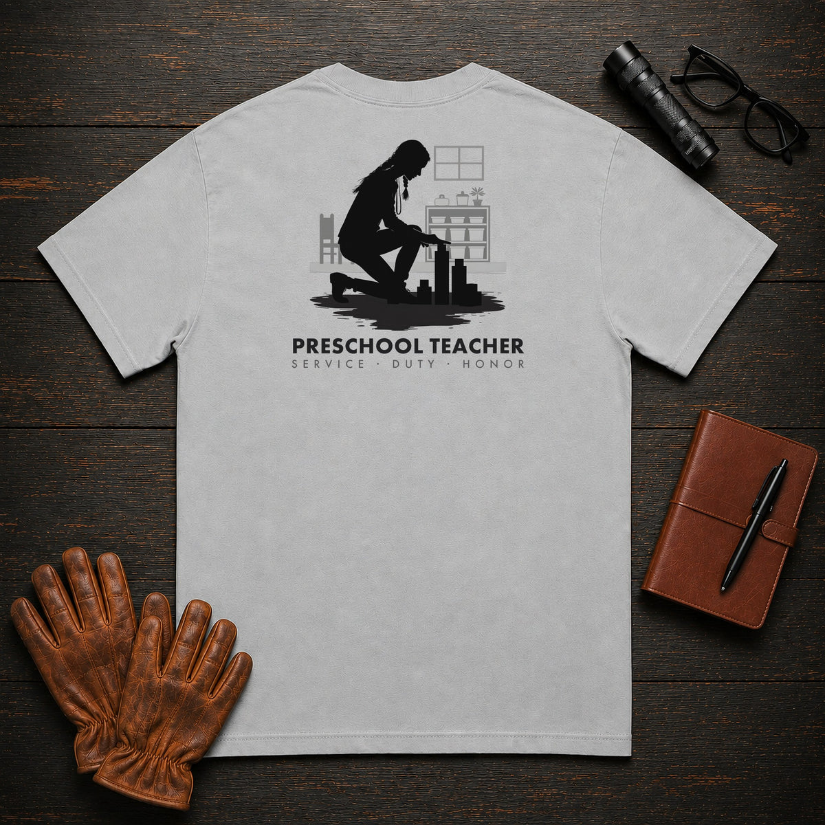 Preschool Teacher t-shirt in Granite, Building with blocks (Female)