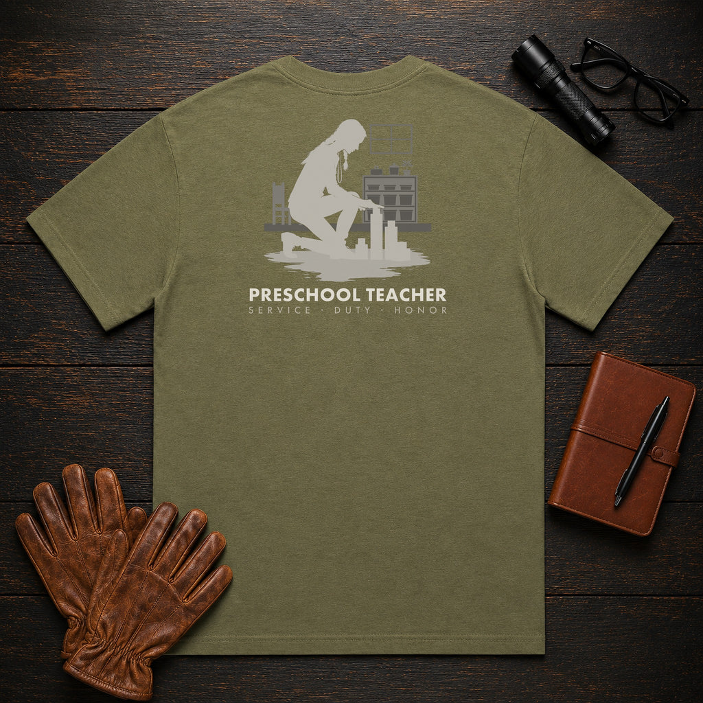 Preschool Teacher t-shirt in Hemp, Building with blocks (Female)