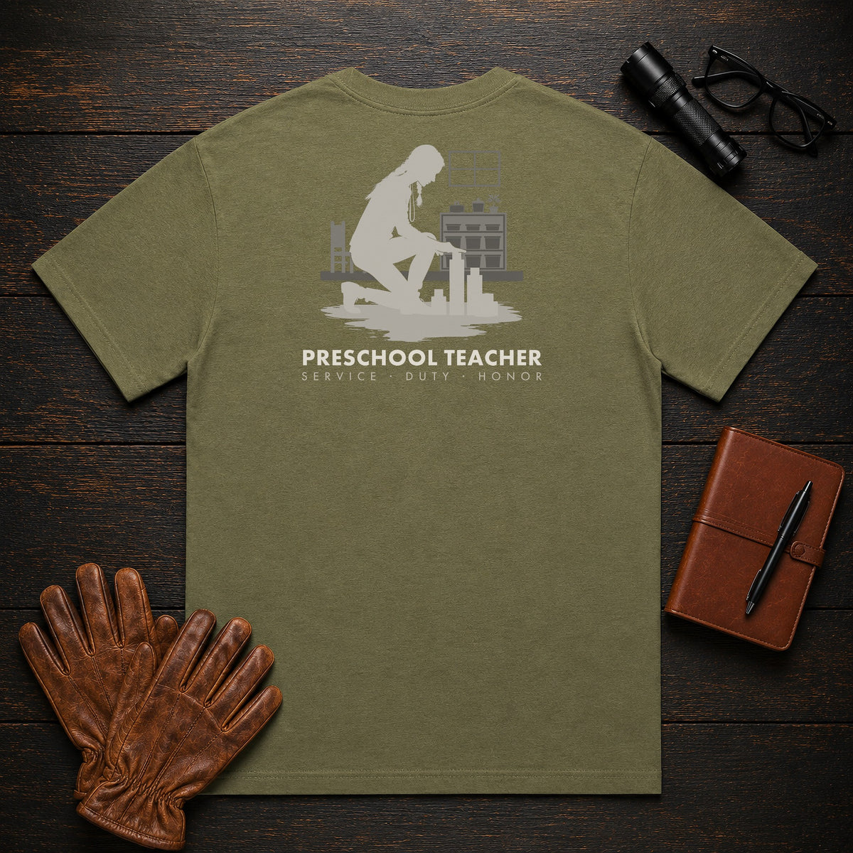 Preschool Teacher t-shirt in Hemp, Building with blocks (Female)