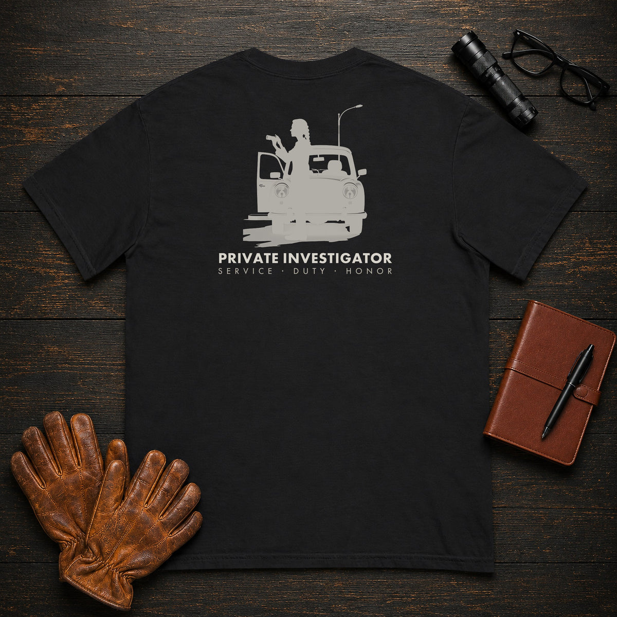 Private Investigator T-Shirt | Standard Back Print | Binocular Watch (Female) — Black