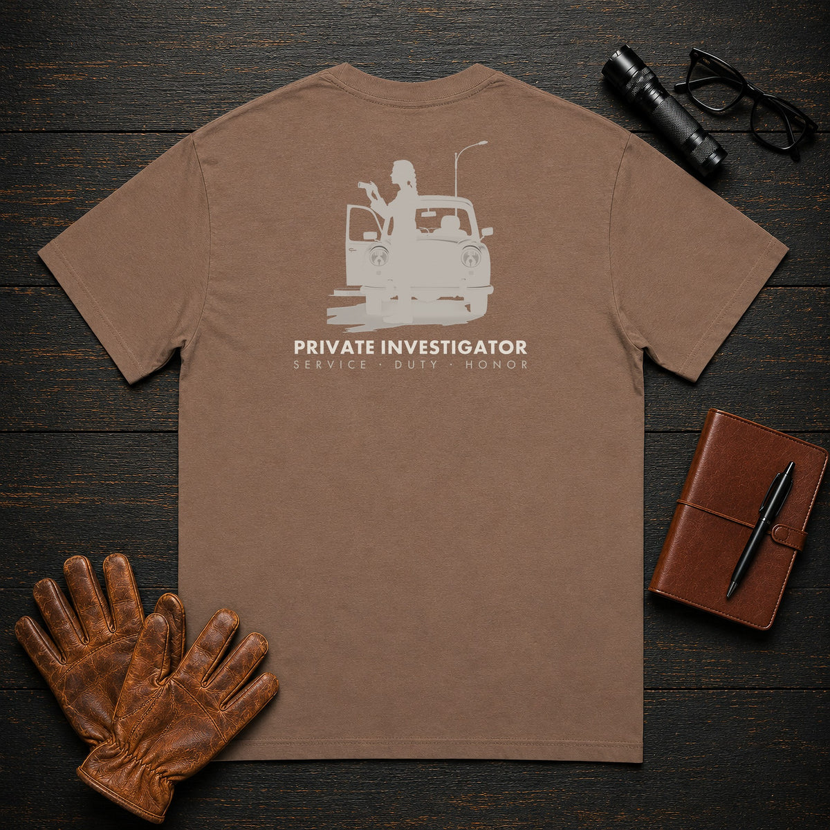 Private Investigator T-Shirt | Standard Back Print | Binocular Watch (Female) — Espresso