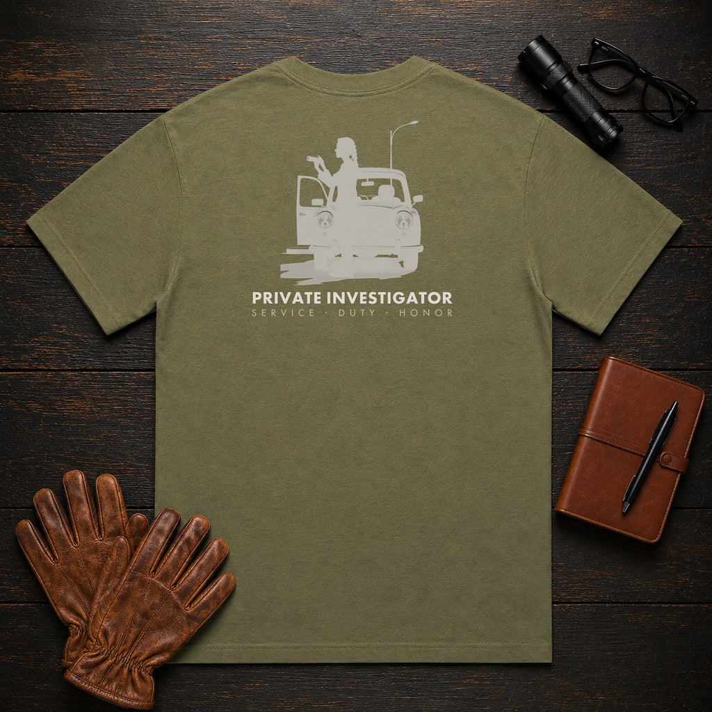 Private Investigator T-Shirt | Standard Back Print | Binocular Watch (Female) — Hemp
