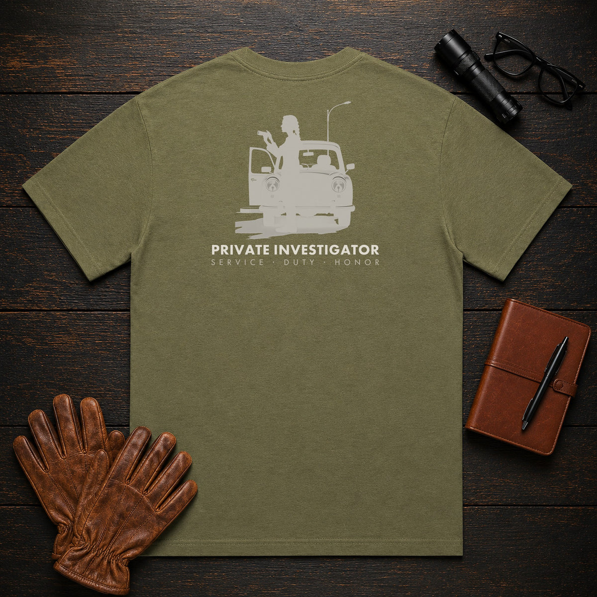 Private Investigator T-Shirt | Standard Back Print | Binocular Watch (Female) — Hemp