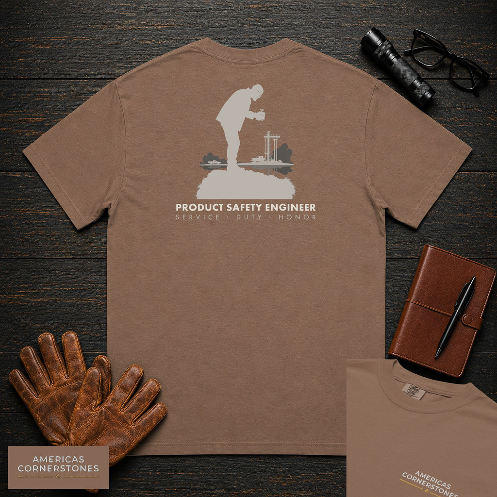 Product Safety Engineer T-Shirt | Statement Embroidered Front + Back Print | Drop Test Setup (Male) — Espresso