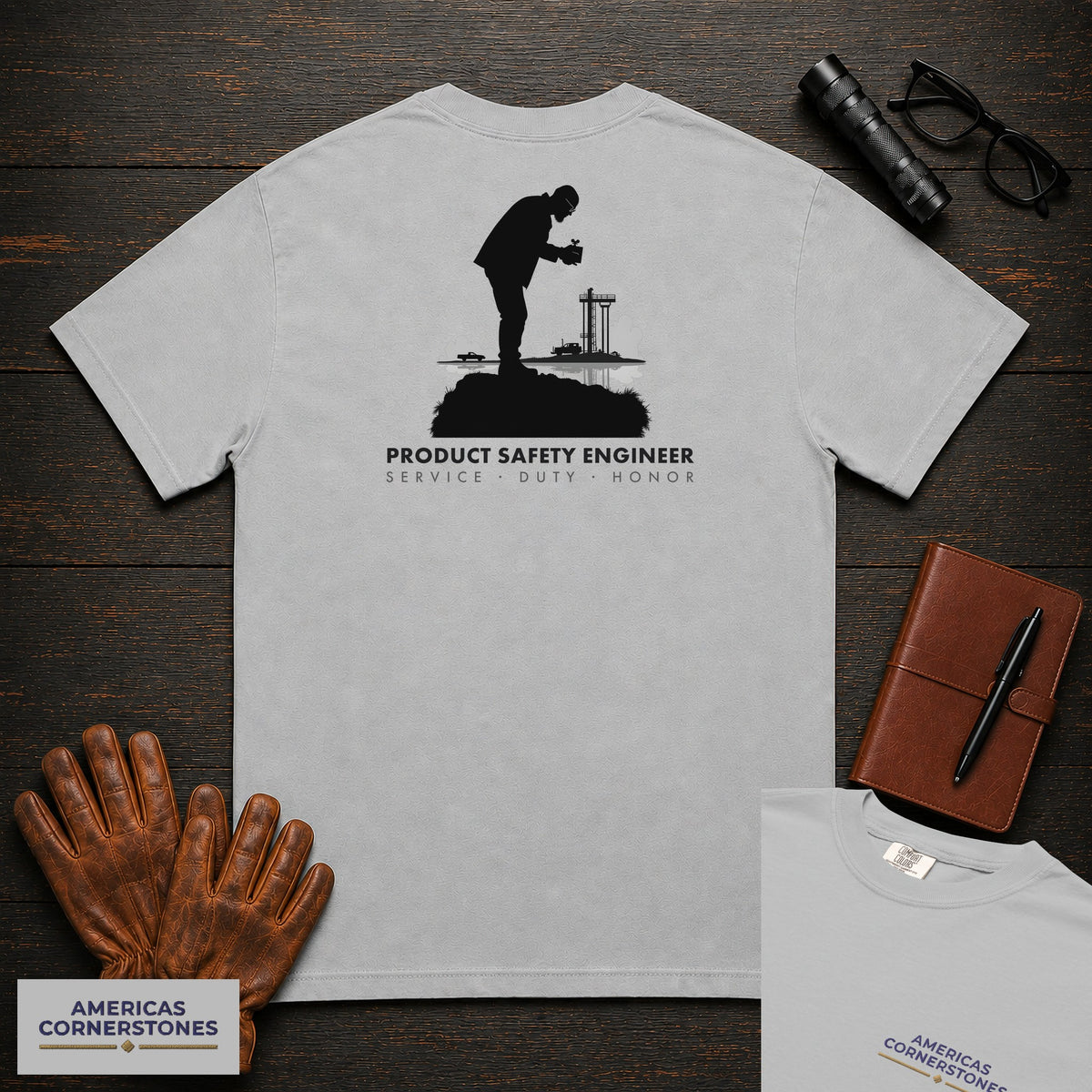 Product Safety Engineer T-Shirt | Statement Embroidered Front + Back Print | Drop Test Setup (Male) — Granite